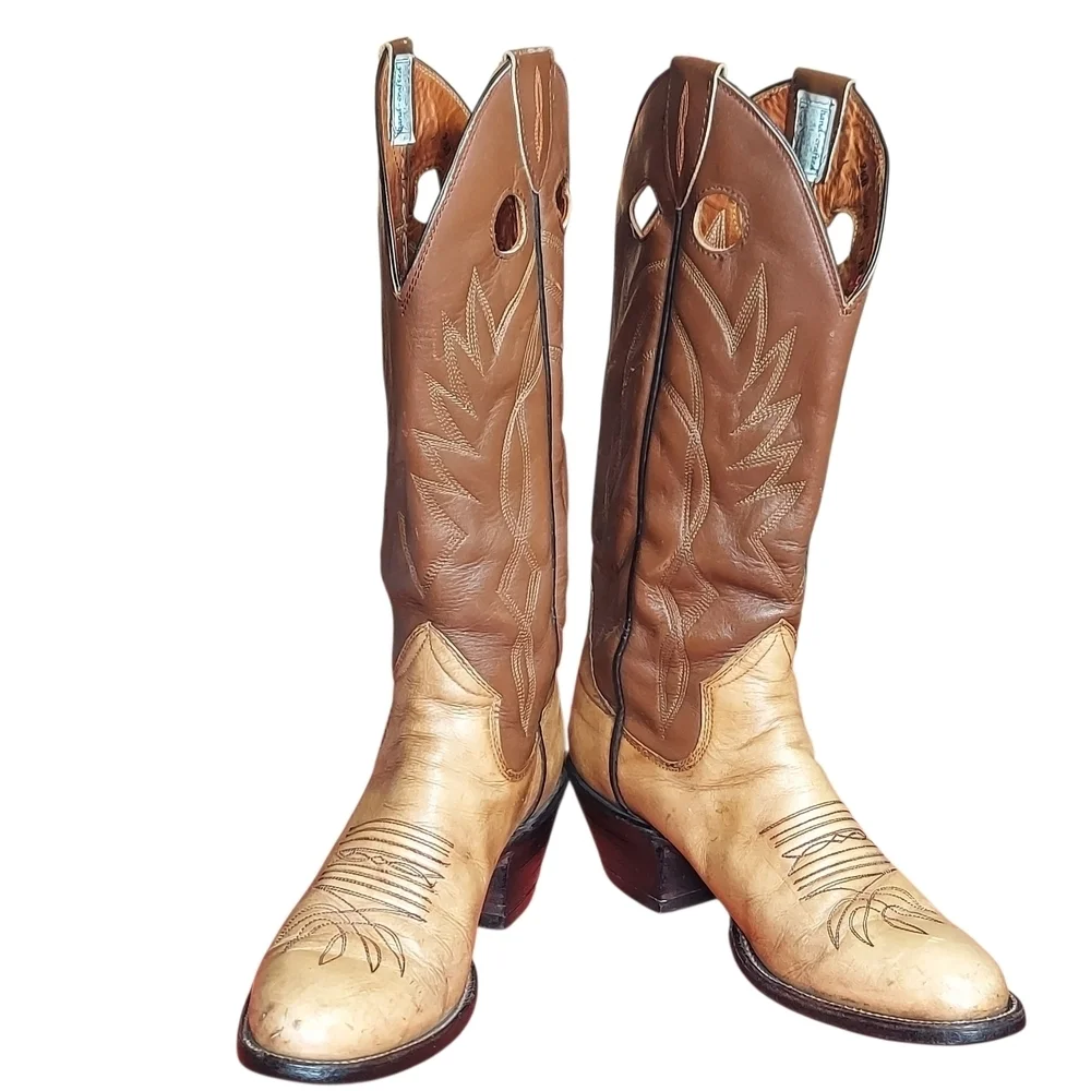 Sanders Vintage Two Tone Brown Leather Handcrafted Western Boots Women's - Picture 6 of 16